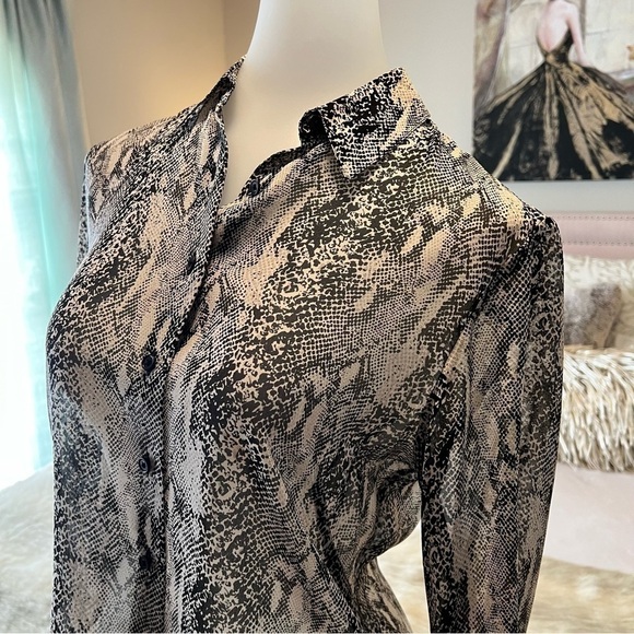 Vintage ANN TAYLOR Beige Black Sheer Snake 3/4 Sleeves 4P Button Down Shirt - Picture 4 of 13